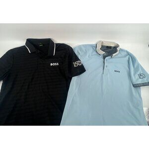 2 Lot Hugo Boss Polo Shirt Men Slim Fit Stretch Black Blue Logo Short Sleeve S